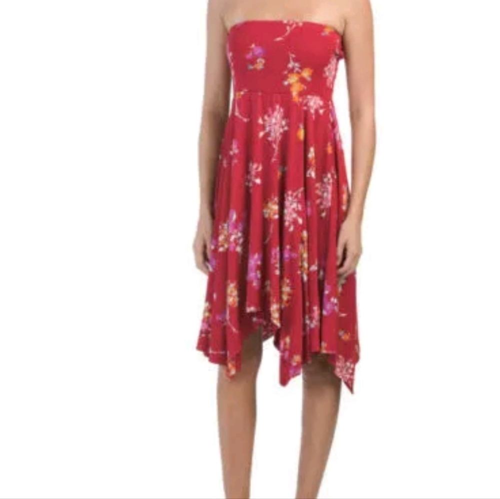 NEW Express Strapless Floral Print Dress Fit & Flare Red Pink Small